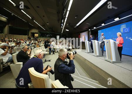 Brussels, Belgium. 28th June, 2024. Former Portuguese Prime Minister Antonio Costa speaks at a press conference via video link after a European Council summit in Brussels, Belgium, June 28, 2024. Credit: Zhao Dingzhe/Xinhua/Alamy Live News Stock Photo