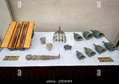 Buenos Aires. 27th June, 2024. This photo taken on June 27, 2024 shows cultural relics returned to China by Argentina in Buenos Aires, Argentina. The Chinese embassy in Argentina received 14 pieces of cultural relics returned to China from the South American country here on Thursday. Credit: Martin Zabala/Xinhua/Alamy Live News Stock Photo