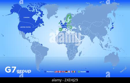 G7 Group organization map in the world, countries and flags, vector illustration Stock Vector