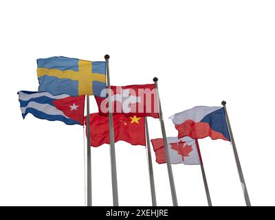 Flags of foreign countries on flagpoles isolated on a white background Stock Photo