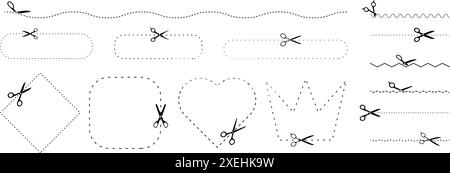 Scissors with cut lines and geometric shapes. Cut here symbol Stock Vector