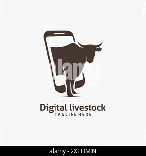 Smartphone and cow for digital farm and livestock logo design Stock Vector