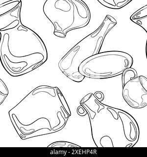 Ceramic dishes, vases painted black white line on seamless pattern isolated. Various pottery different shape and size hand drawn outline. Print with Stock Vector