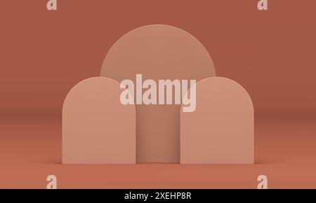 3d curved wall three stand foundation exhibition beige vertical construction realistic vector illustration. Brown block platform showroom expo minimal Stock Vector