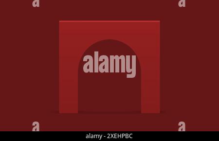Red 3d archway corner decor element minimal gate entrance geometric construction realistic vector illustration. Arch vertical block stand foundation a Stock Vector