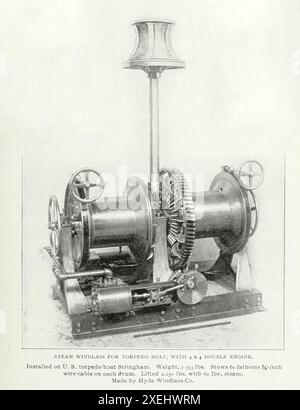 STEAM WINDLASS FOR TORPEDO BOAT. WITH 4X4 DOUBLE ENGINE. Installed on U. S. torpedo boat Stringham. Weight, 1593 lbs. Stows 60 fathoms 7/8-inch wire cable on each drum. Lifted 2.250 lbs. with 60 lbs. steam. Made by Hyde Windlass Co. from the Article THE USE OF STEAM IN AUXILIARY MACHINERY ON WAR-SHIPS. By Lieut. John K. Robison. from The Engineering Magazine Devoted to Industrial Progress Volume XVIII 1899-1900 The Engineering Magazine Co Stock Photo