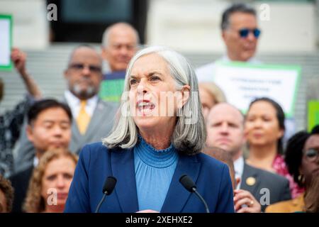 Washington, United States. 27th June, 2024. Katherine Clark (Democrat of Massachusetts) offers remarks during a press conference marking the two-year anniversary of the Dobbs decision at the US Capitol in Washington, DC, USA, Thursday, June 27, 2024. Photo by Rod Lamkey/CNP/ABACAPRESS.COM Credit: Abaca Press/Alamy Live News Stock Photo