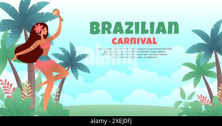 Brazilian carnival cartoon banner template, a girl dancing samba with tropical plants and blue sky background Stock Vector