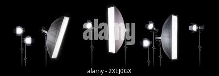 Photography studio flash on a lighting stand isolated on black background with copy space. Professional equipment like monobloc Stock Photo