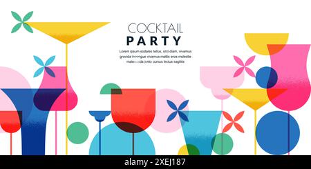 Cocktails party horizontal banner, poster, flyer template. Vector flat illustration. Abstract geometric color design. Alcoholic, non-alcoholic drinks Stock Vector