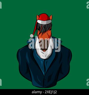 christmas horse cartoon  with santa claus cap logo design on isolated background Stock Vector