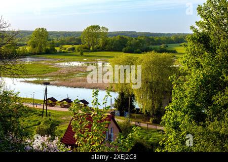 Goniadz, Poland - May 2, 2024: Panoramic view of Biebrza river and Biebrzanski National Park wetlands seen from Goniadz town in Podlaskie region Stock Photo