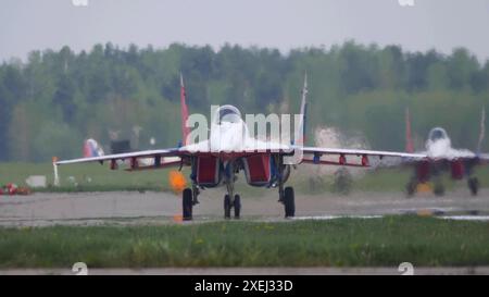 Moscow Russia Zhukovsky Airfield 25 July 2021: aerobatic team swifts MiG-29 perfoming demonstration flight of the international Stock Photo