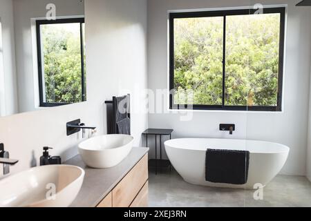 Modern bathroom with freestanding bathtub, double sinks, and large window, copy space Stock Photo