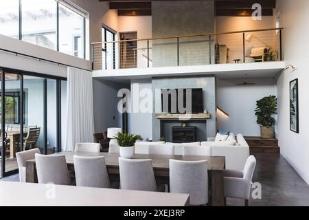 Modern living room with large dining table, cozy seating area, and indoor plants, copy space Stock Photo