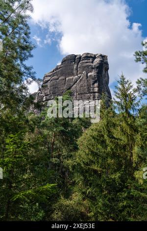 view of sandstone pillars in the Saxon Switzerland National Park near Dresden and the Elbe River, Saxony, Germany. Stock Photo