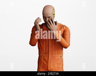 3d render of car crash dummy to show disbelief or disappointed negative emotion on isolated white background Stock Photo