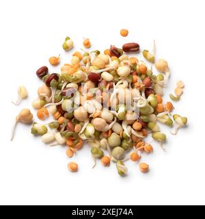 Heap of fresh colorful sprouts isolated on white background close up Stock Photo