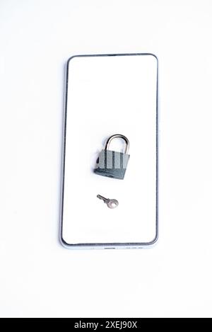 Mobile screen lock and key isolated on white background Stock Photo