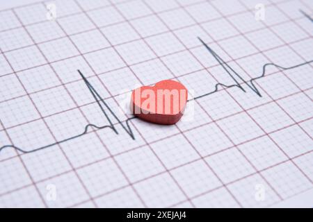 Closeup image of a red heart on a electrocardiogram (ECG) printout. The ECG graph shows a normal sinus rhythm. Healthy heart, wellbeing concept. Stock Photo