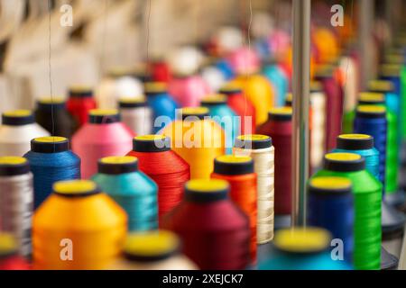 Spools of colorful thread in rows Stock Photo