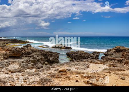 Waves crashing on rocky shore with clear blue sky in Hawaii. Stock Photo