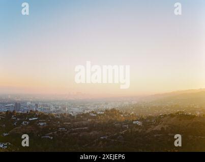 Horizontal Image of Downtown Los Angeles and Hills at Sunset Stock Photo