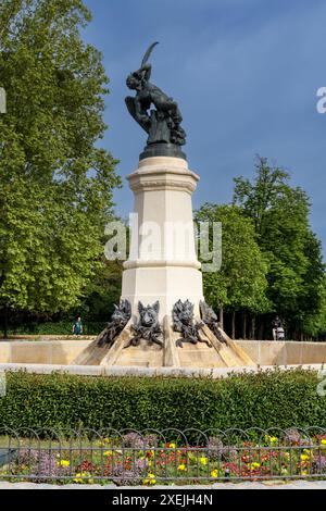 View of the Archangel Lucifer or Fallen Angel Fountain in the El Retiro Park in downtown Madrid Stock Photo