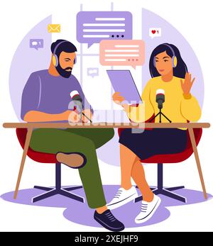 People recording podcast in studio flat vector illustration. Podcaster talking to microphone recording podcast in studio. Radio host with table flat Stock Vector