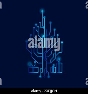 High tech christmas tree technology geometric and connection system background with digital data abstract. Electronic dark blue background wallpaper. Stock Vector