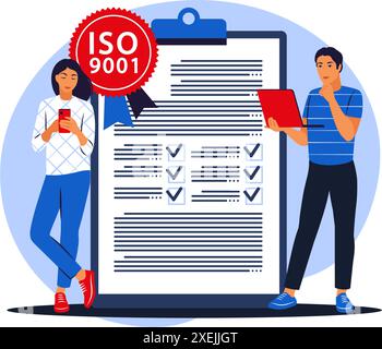 People like standard for quality control. Iso 9001 standard. International certification concept. Vector illustration. Flat Stock Vector