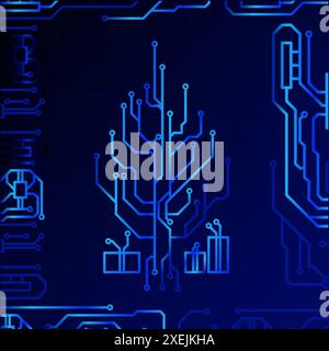 High tech christmas tree technology geometric and connection system background with digital data abstract. Electronic dark blue background wallpaper. Stock Vector