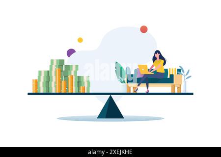 Working hard businesswoman compare with money on balance scale. Vector illustration Stock Vector