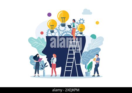 People characters with light bulb and gear wheels in the human head. Intelligence and knowledge development with brain performance. Gears and technica Stock Vector