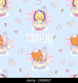 Seamless pattern with funny hedgehog and bear bathing in bubble bath. Cute cartoon kawaii animal character on light blue background with soap and rubb Stock Vector