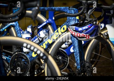 Florence, France. 28th June, 2024. bike of Wout van Aert pictured during preparations ahead of the 2024 Tour de France cycling race, Friday 28 June 2024, in Florence, Italy. The 111th edition of the Tour de France starts on Saturday 29 June in Florence, Italy, and will finish in Nice, France on 21 July. BELGA PHOTO DAVID PINTENS Credit: Belga News Agency/Alamy Live News Stock Photo