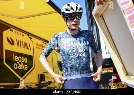 Florence, France. 28th June, 2024. Danish Jonas Vingegaard of Team Visma-Lease a Bike pictured during preparations ahead of the 2024 Tour de France cycling race, Friday 28 June 2024, in Florence, Italy. The 111th edition of the Tour de France starts on Saturday 29 June in Florence, Italy, and will finish in Nice, France on 21 July. BELGA PHOTO DAVID PINTENS Credit: Belga News Agency/Alamy Live News Stock Photo