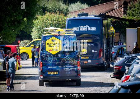 Florence, France. 28th June, 2024. Team Visma-Lease a Bike control room car pictured during preparations ahead of the 2024 Tour de France cycling race, Friday 28 June 2024, in Florence, Italy. The 111th edition of the Tour de France starts on Saturday 29 June in Florence, Italy, and will finish in Nice, France on 21 July. BELGA PHOTO JASPER JACOBS Credit: Belga News Agency/Alamy Live News Stock Photo