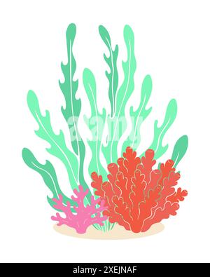 Sea underwater set of blue green seaweed algae and pink orange corals, marine design element, isolated on white background. Vector illustration Stock Vector
