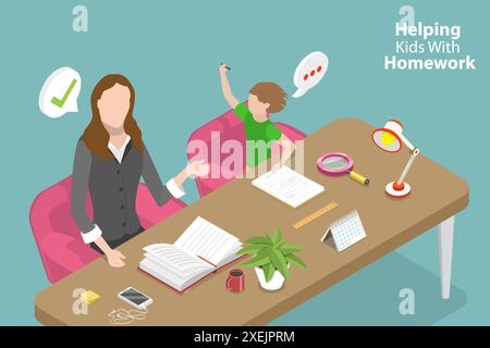 3D Isometric Flat  Conceptual Illustration of Helping Kids With Homework, Studying Process at Home 3D Isometric Flat  Conceptual Stock Photo