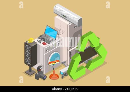 3D Isometric Flat  Conceptual Illustration of Electronics And Appliances Recycling, E-waste Management 3D Isometric Flat  Concep Stock Photo