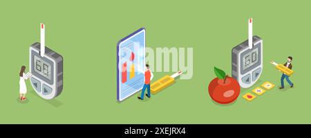 3D Isometric Flat  Conceptual Illustration of Blood Sugar Test, Measuring Glucose in Blood with Glucometer 3D Isometric Flat  Co Stock Photo