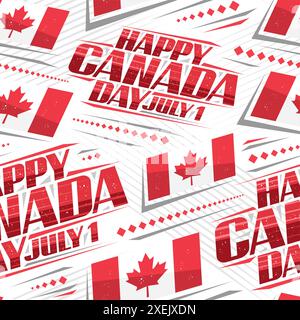 Vector seamless pattern for Canada Day, square background with illustration of canadian flag with maple leaf and decorative stripes, placard with red Stock Vector