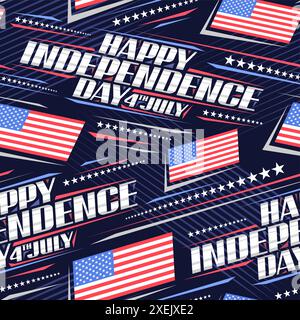 Vector seamless pattern for Independence Day, square background with illustration of american flag, decorative stars and stripes, placard with words h Stock Vector