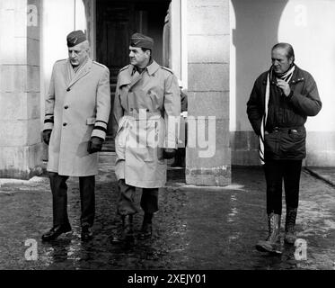 GEORGE C. SCOTT as General George S. Patton Jr. and KARL MALDEN as General Omar N. Bradley on set location candid with Director FRANKLIN J. SCHAFFNER during filming of PATTON : LUST FOR GLORY 1970 director FRANKLIN J. SCHAFFNER screenplay Francis Ford Coppola and Edmund H. North music Jerry Goldsmith Polyphony Twentieth Century Fox Stock Photo