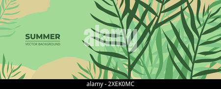 Summer background with tropical leaves. Wide green vector abstract floral banner. Stock Vector