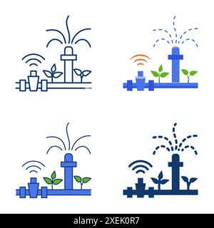 Smart irrigation icon set in flat and line style. Remote control farm sprinkler. Vector illustration Stock Vector