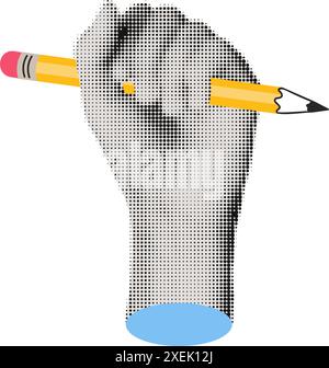 Halftone hand holding yellow pencil collage vector illustration Stock Vector