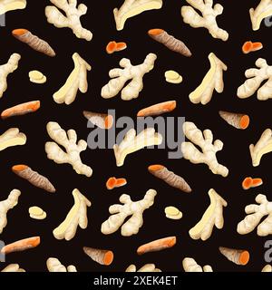 Watercolor ginger and turmeric roots with slices seamless pattern on dark brown background. Raw curcumin vegetables Stock Photo