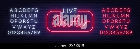 Live On Air Neon Sign on brick wall background. Red and white neon alphabet. Stock Vector